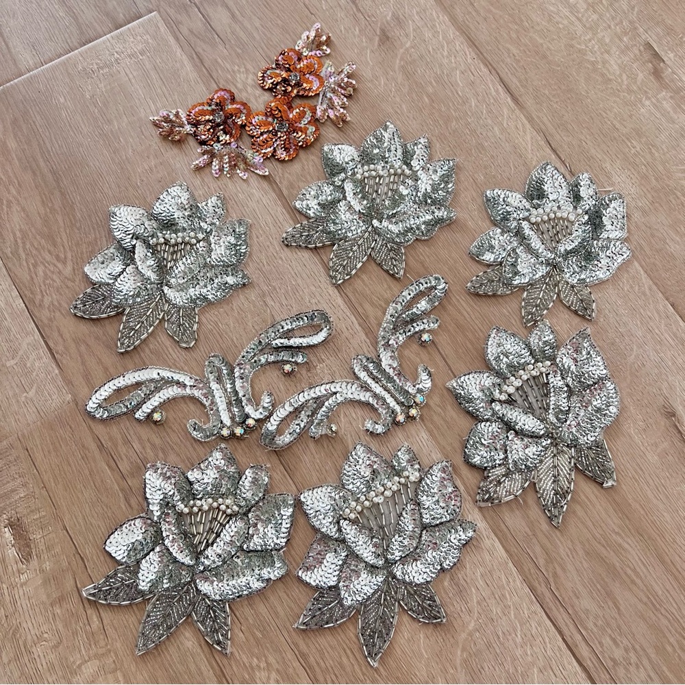 Vintage NEW 9 PCs Large Floral Beaded Sequined Sew On Applique Craft Patch